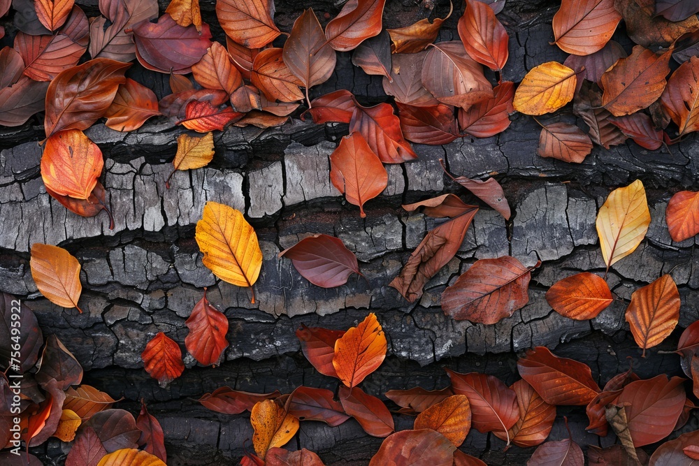 wood and leaves, Seasonal Background, with Fall Leaves on Natural wood Surface, 