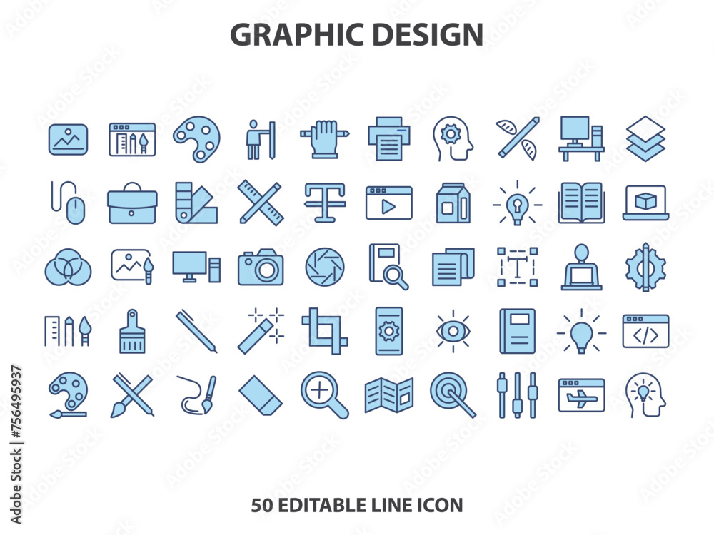 Graphic Design Icons. Editable Stroke. Pixel Perfect. For Mobile and Web. Creativity, Layout, Mobile App Design, Art Tool, Typography, Colour Palette, Pencil, Ruler, Vector, Shape, Logo Design.