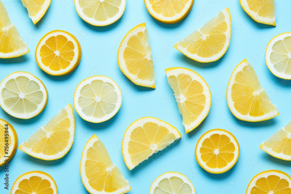 Explore the cool and refreshing world of lemon patterns on ice, set against a light blue background. AI generative