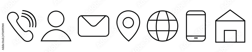 The contact information icon in a linear style. Home Location, Address, Phone, Website, Mail The contact information icon in a linear style. Home Location, Address, Phone, Website, Mail