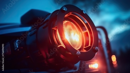Close-up of a blue flashing light of a siren on a red car of firefighters, ambulance or rescuers against the background of a burning sky - a fire reflected in the clouds.