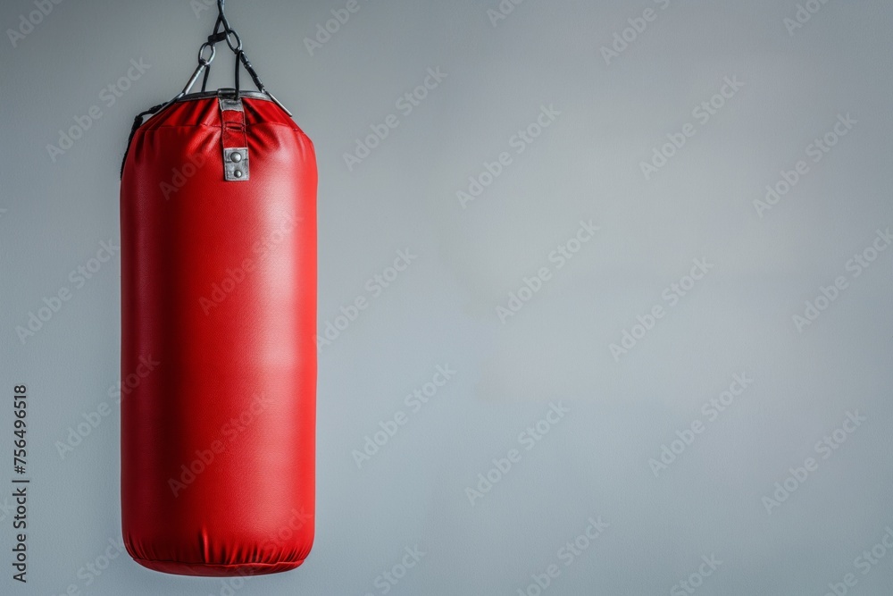 Red punching bag hangs from a chain against a grey wall with space for text