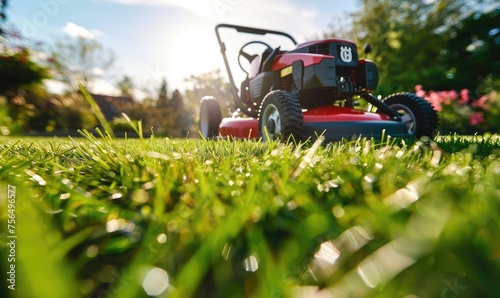 Red lawn mower cutting grass at sunset