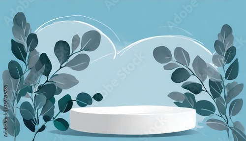 abstract empty white podium with eucalyptus leaves on blue background