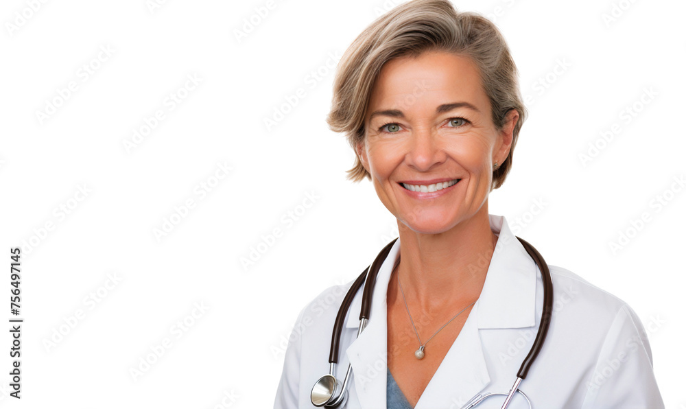 Happy smiling senior middle aged female doctor with stethoscope, isolated on transparent background Happy smiling senior middle aged female doctor with stethoscope, isolated on transparent background