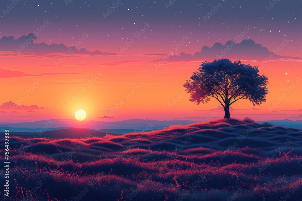 Drawing landscape  a tree on sunset sky background. Generative ai.