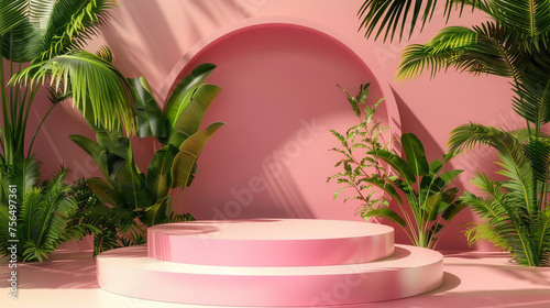 A pink background with a green archway and plants