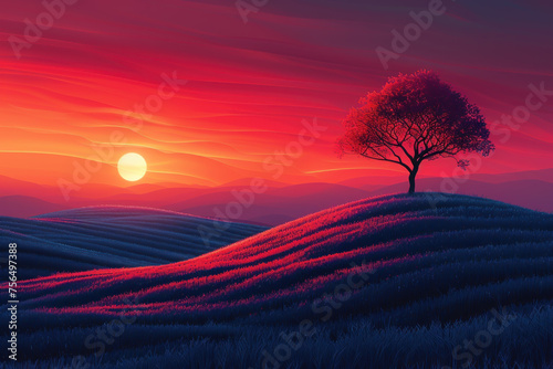 Drawing landscape a tree on sunset sky background. Generative ai.
