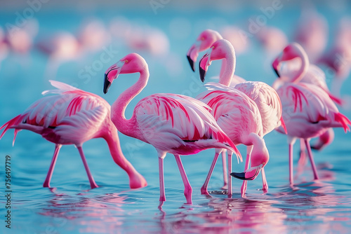 african flamingos walking around the blue lagoon on a sunny da