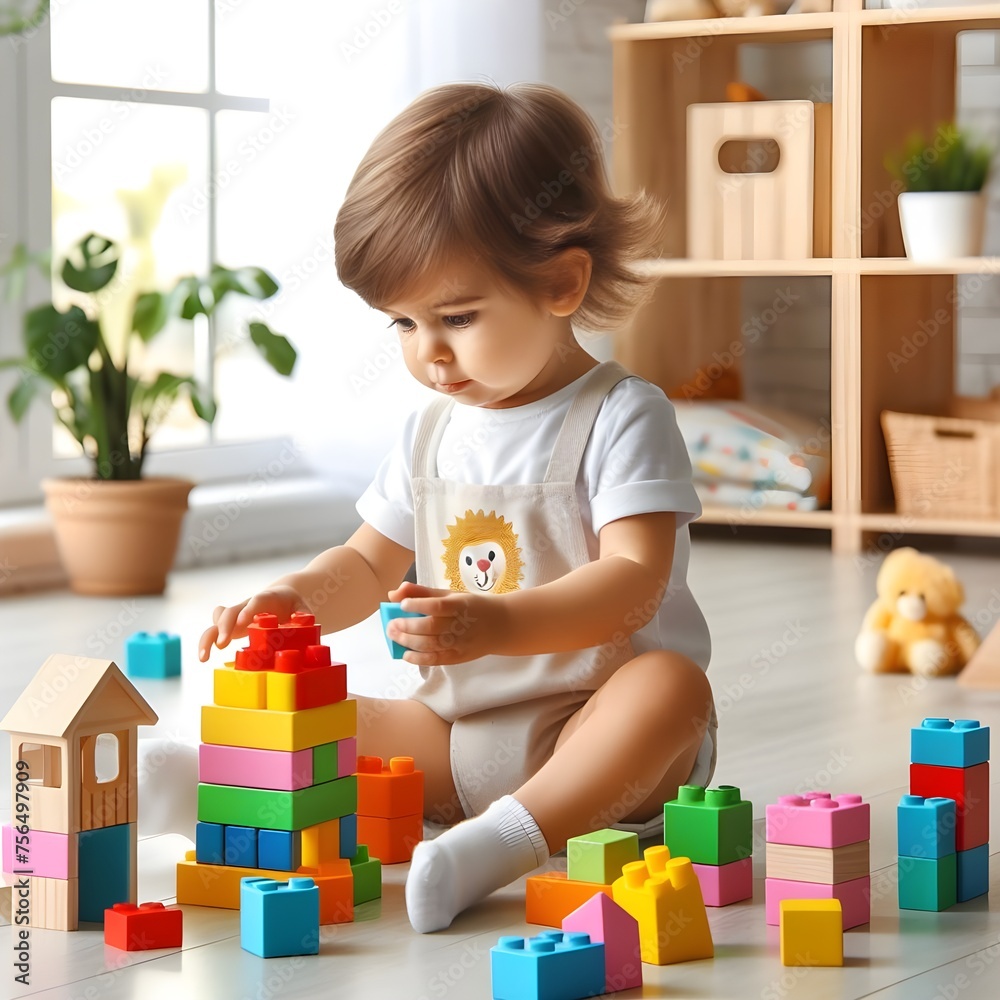 Toddler Engaged in Creative Play With Colorful Building Blocks on a Bright Day Toddler Engaged in Creative Play With Colorful Building Blocks on a Bright Day