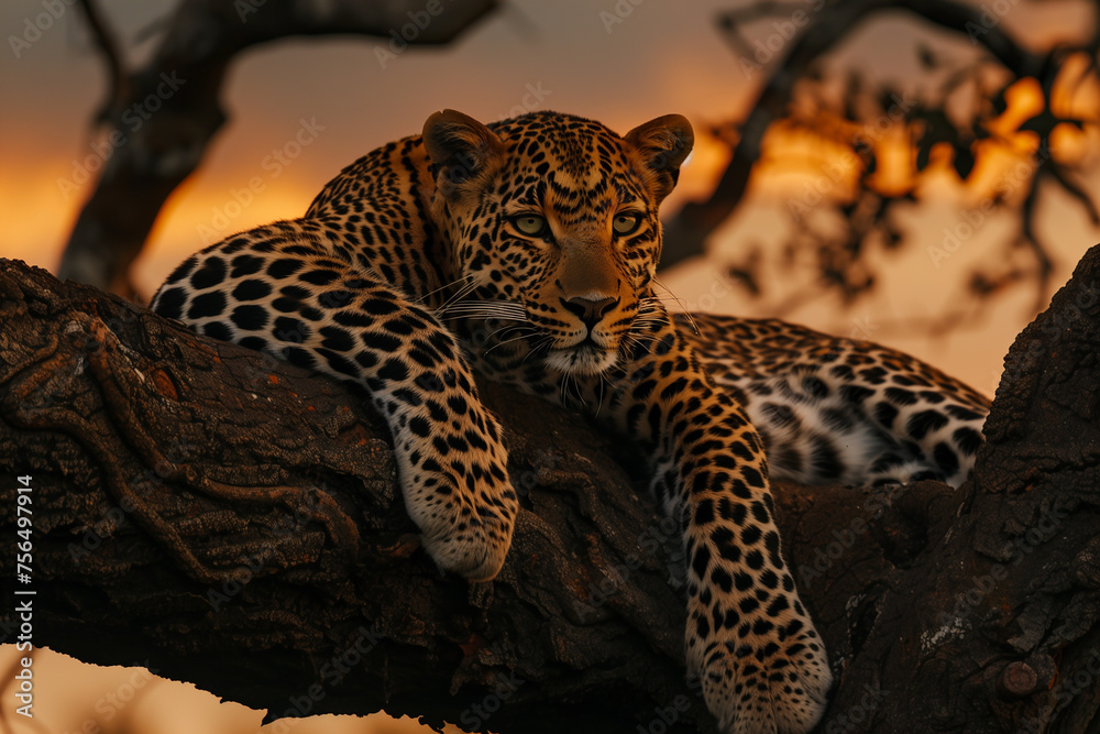 Obraz premium leopard is lying on tree in the evening