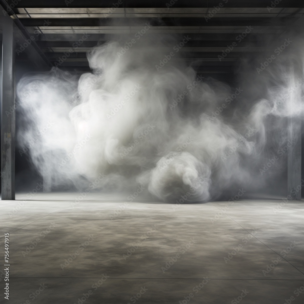 Obraz premium Grey concrete floor and white smoke on black grunge walls. Background for Advertising, Product Presentation, Text, Copy space.