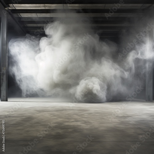 Grey concrete floor and white smoke on black grunge walls. Background for Advertising, Product Presentation, Text, Copy space.