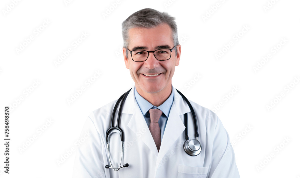 Portrait of a smiling senior male doctor with stethoscope, isolated on transparent background