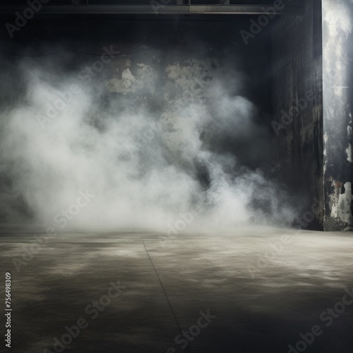 Grey concrete floor and white smoke on black grunge walls. Background for Advertising, Product Presentation, Text, Copy space.