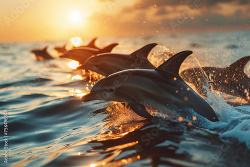 Dolphin jumping over the sea at sunset