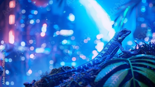 A jib capturing a lizard basking in an electric blue renewable energy powered city with space tourism ads photo