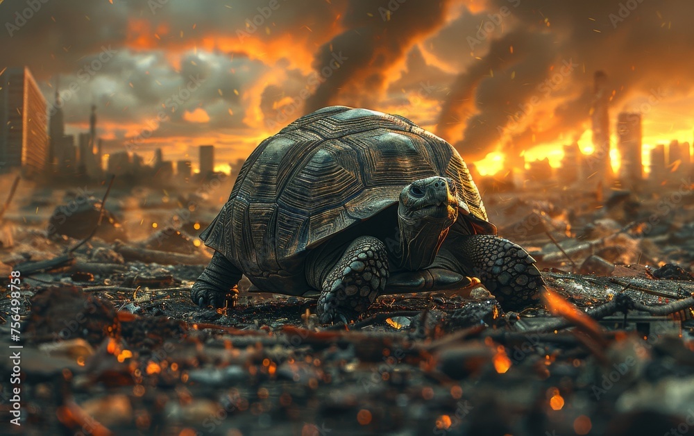 A wise old tortoise walking through a polluted wasteland - obrazy, fototapety, plakaty 