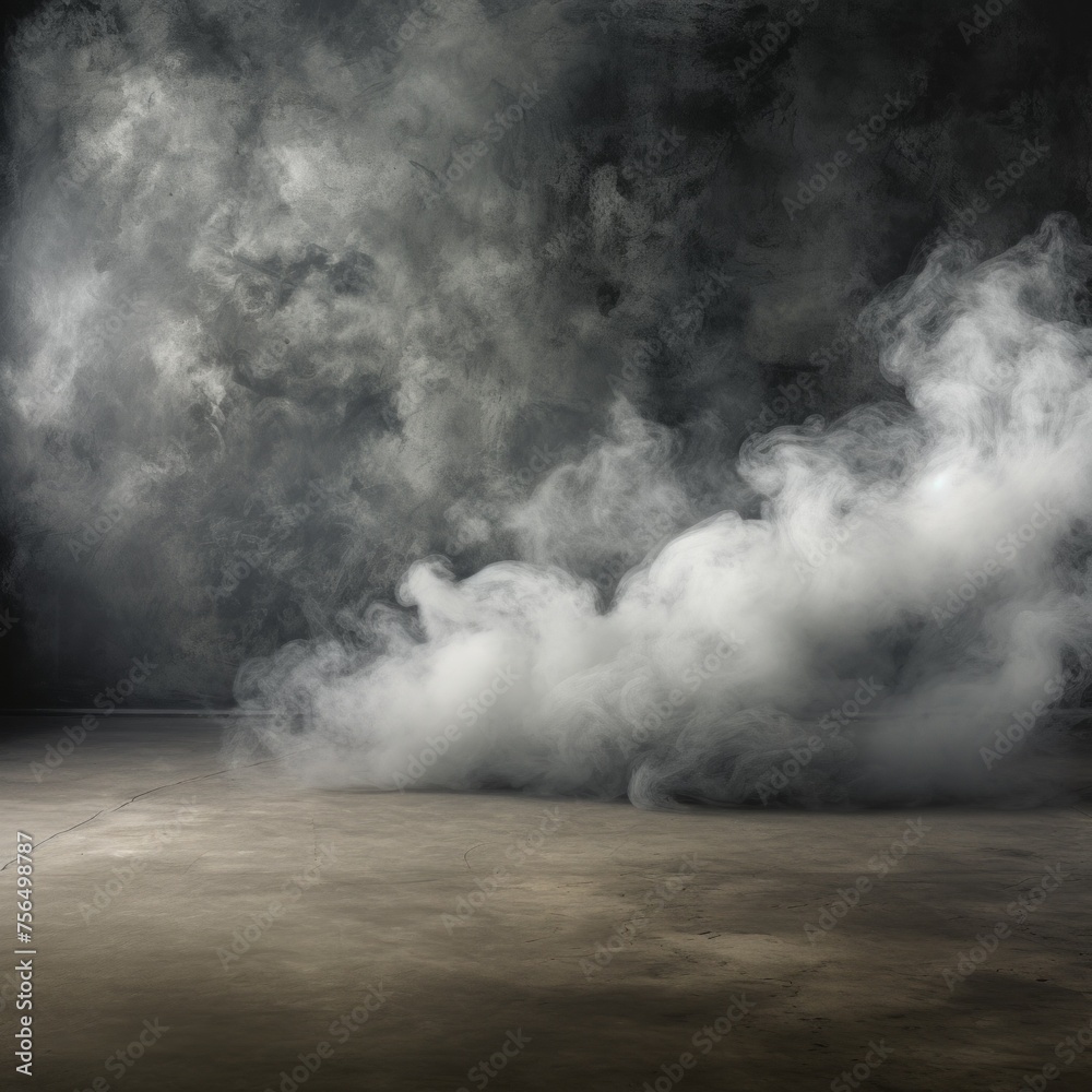 Grey concrete floor and white smoke on a black background. Background for Advertising, Product Presentation, Text, Copy space.