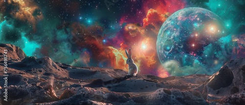 A whimsical elastic rabbit stretching amusingly on the moon with a backdrop of a surreal colorful nebula