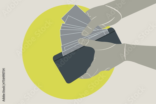 The hand takes money out of the wallet. Vector drawing, concept.