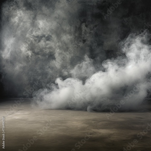 Grey concrete floor and white smoke on a black background. Background for Advertising, Product Presentation, Text, Copy space.