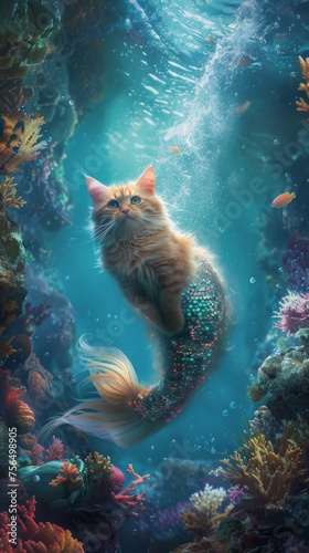 An underwater scene of a cat with a shimmering mermaid tail exploring a vibrant oceanic world
