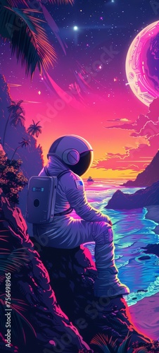 Astronaut sitting on a mountain neon coffee sign cyberpunk beach photo