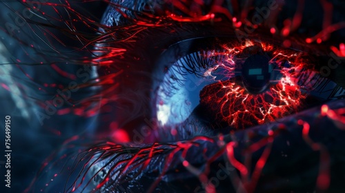 Create a 3D Realistics Action Style close up of blood vessels in the eye emphasizing their fine structure and vibrant colors against a dark background photo