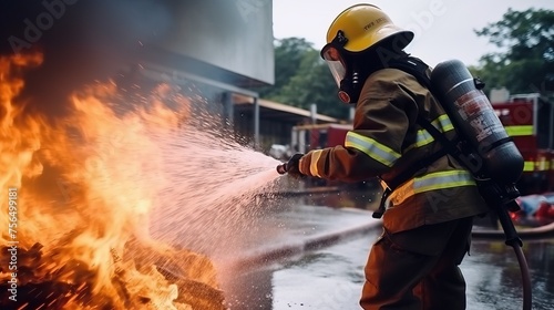 Firemen using extinguisher and water from hose for fire fighting at firefight training of insurance group. Firefighter wearing a fire suit for safety under the danger case.


