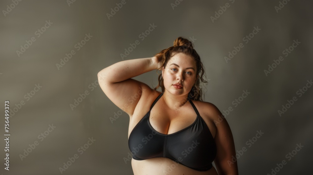 Obraz premium Plus size female in a swimsuit on grey background. Young woman in swimwear 