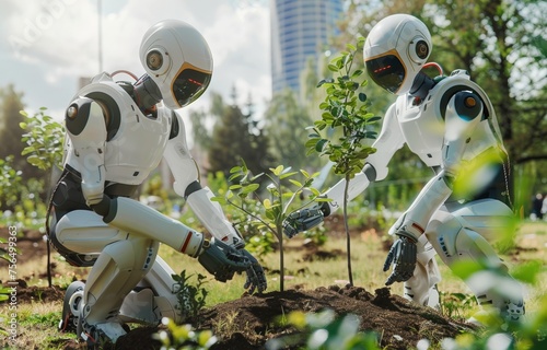 Environmentally conscious robots planting trees in urban parks demonstrating urban reforestation and green living photo