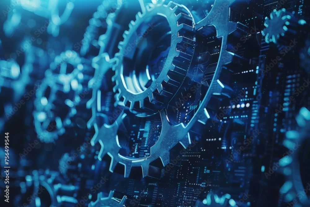 Futuristic gears in blue digital AI concept Abstract tech background business industry growth - obrazy, fototapety, plakaty 