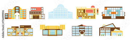 Commercial Building and City Architecture Front View Vector Set