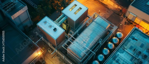 Overhead view of a compact carbon storage system nestled in an urban setting dusk ambiance photo