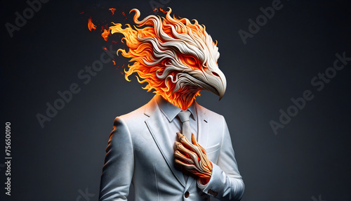 A humanoid flaming eagle dressed for the office
