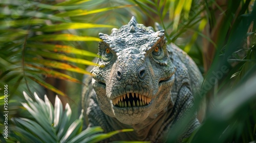 Menacing dinosaur emerges from thick prehistoric jungle