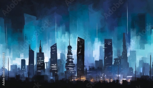 abstract art painting cityscape background painted texture with dark night futuristic urban buildings silhouette industrial city skyline landscape scene in sci fi cyberpunk concept backdrop banner
