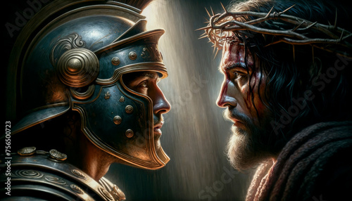 Powerful Connection: A Roman Soldier Locks Eyes with Thorn-Crowned Jesus Christ Before his Crucifixion