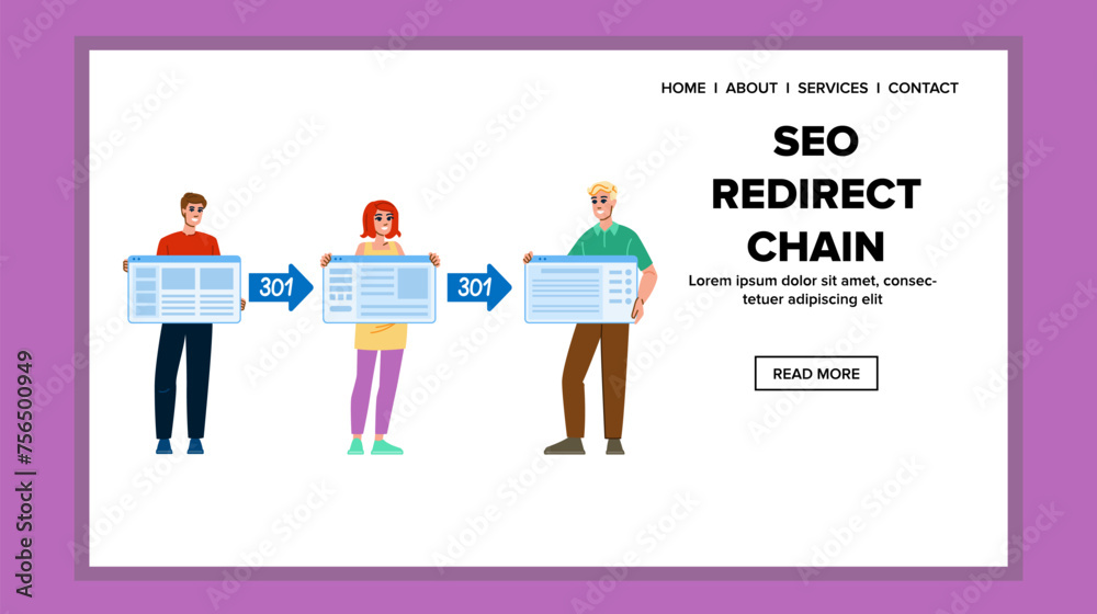 hat seo redirect chain vector. url 301, domain page, techniques marketing hat seo redirect chain web flat cartoon illustration