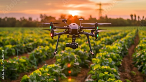 Precision agriculture scene showcasing drones and robots working together to analyze and optimize crop health and yield