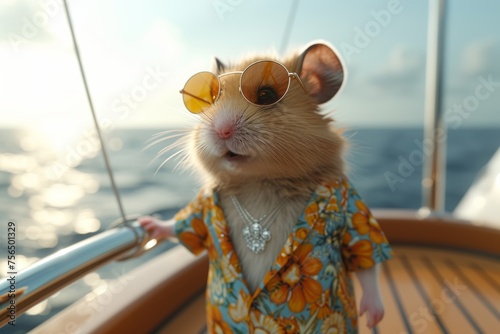 A mouse in summer clothes drinks a cocktail on a luxury cruise photo