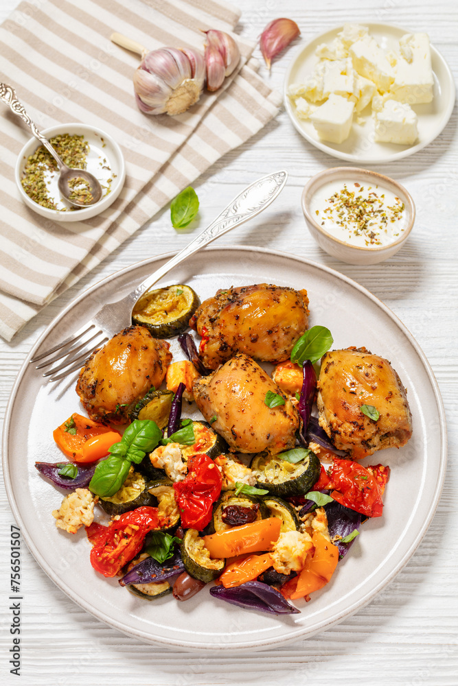 baked chicken thighs with veggies, olives, feta