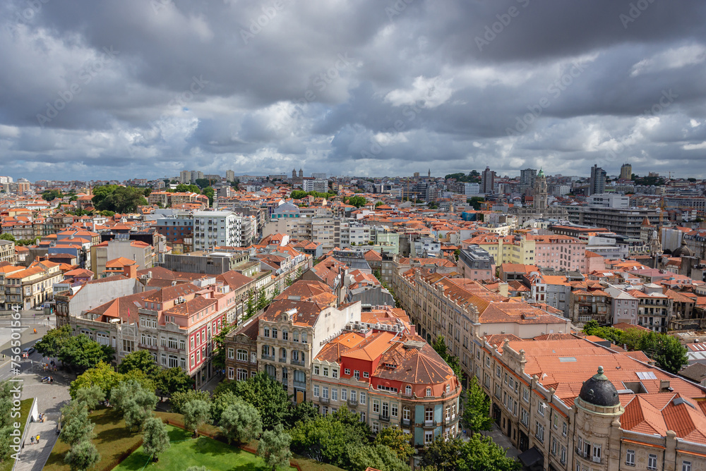 Aerial view from tower of Clerigos Church in Porto city, Portugal with Jardim das Oliveiras park on foreground