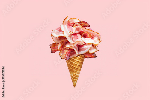 Creative flying ice cream cone full of crispy bacon slices on pink background. Minimal food concept. Copy space.