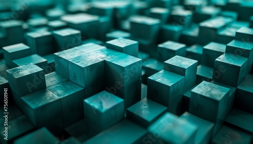 Endless array of teal colored cubes, creating the illusion that they go on forever in all directions. The background is dark and uniform, with the cubes.