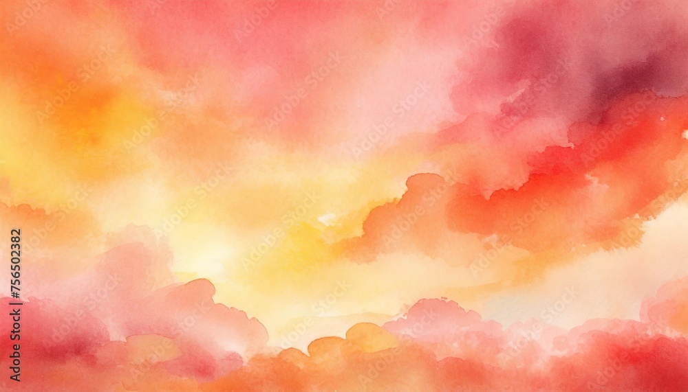 colorful watercolor background of abstract sunset sky with puffy clouds in bright autumn or sunrise colors of orange pink red yellow and peach