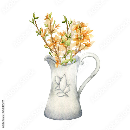 Yellow blossom branches in ceramic jug watercolor illustration isolated on white. Hand painted spring flowers forsythia for Easter design in neutral color. Forsythia blooming hand drawn