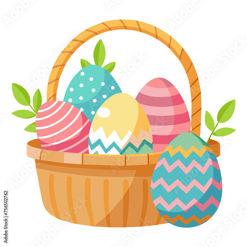 Easter eggs in front of a cloth basket with a super cute cartoon