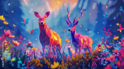 Vibrant low poly background featuring geometric animals in playful ecosystem